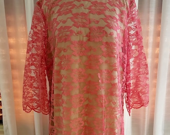 Vintage 1960s Pink Lace Dress: 3/4 Sleeve Shift Dress