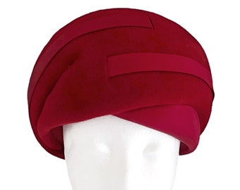 Vintage Red Velour Turban Hat, 1960s Church Hat, Sitlers, Satin Ribbon, Women’s Vintage Hat
