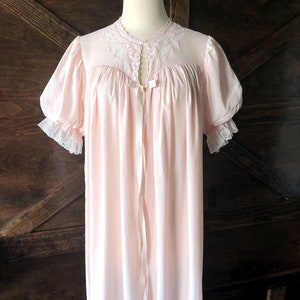 Vintage pink peignoir by Laros, silk nylon robe, mid length, short sleeve, size small, made in USA, mid century lingerie