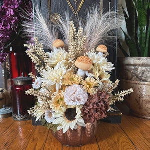 Pumpkin Flower Arrangement: Fall Thanksgiving Centerpiece with Mushrooms