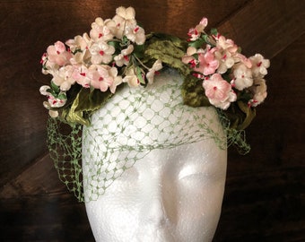 Vintage 1950s ladies hat, pink velvet millinery flowers, green velvet leaves, church hat, veil, Miss Sally Victor women's designer hat
