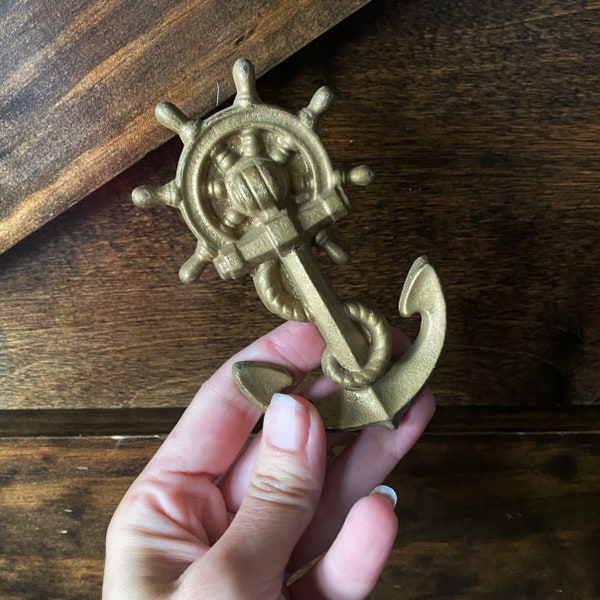 Vintage Keeler KBC cast metal hardware, anchor and wheel, nautical pull, salvage cabinet hardware