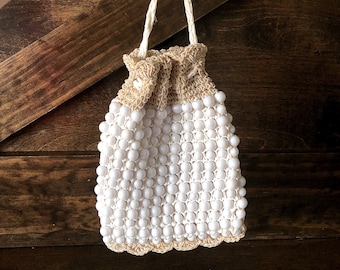 Vintage Beaded Handbag: 1960s Crocheted Drawstring Wedding Purse, Made in Italy