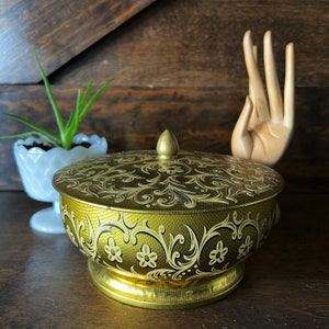 Vintage tin, gold embossed, round metal tin, made in England, vintage decor, vintage storage