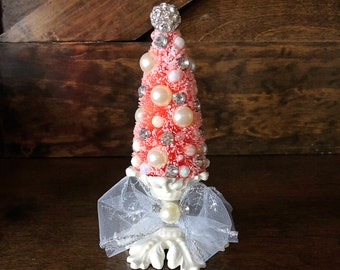 Victorian bottle brush tree holiday decor, vintage style Christmas decor, pink Christmas, rhinestones, and sparkles