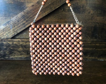 Vintage bead handbag, wood beaded purse, 1960's small bag, vintage accessories, boho purse