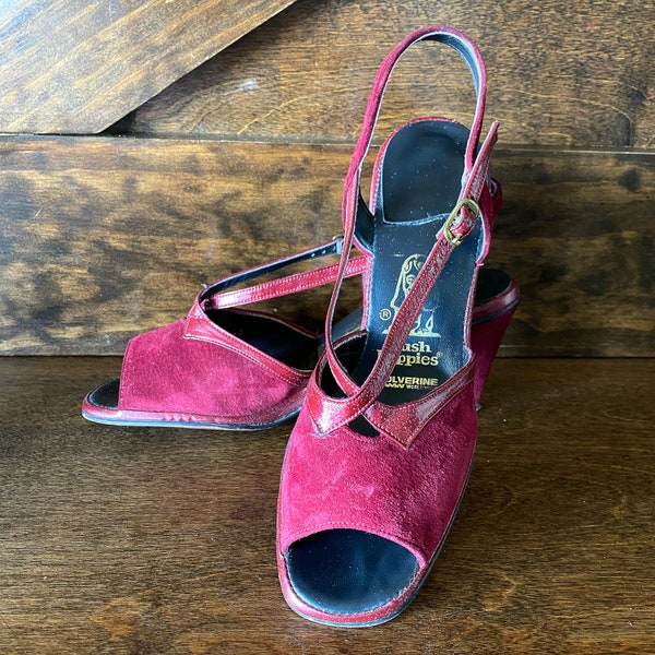 Vintage shoes by Hush Puppies, burgundy suede and patent leather, open toe, square heel, slingback, 1960's pumps, size 8