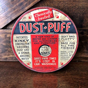 Vintage Dust-Puff tin, 1940&#39;s advertising tin, vintage storage, garage, office or man cave decor