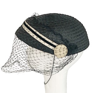 Vintage hat,  1950&#39;s calot hat, navy blue with veil, Ratan hat, white accents, 1950&#39;s fashion