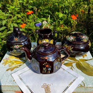 Vintage Japanese tea set, Moriage Satsuma teapot, 1950's redware, tea party set
