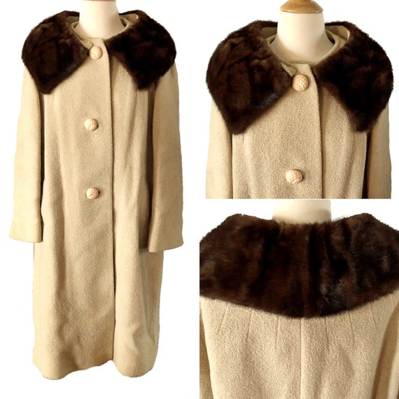 Vintage 1960's coat, mink collar, cream boucle