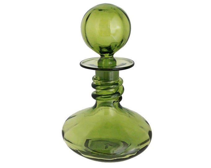 Vintage Green Glass Bottle and Stopper, Hand Blown, Genie Bottle