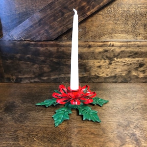 Vintage Lefton kaarshouder, metaal, hulst, kerstkaarshouder, vakantiedecor, kerstdecor
