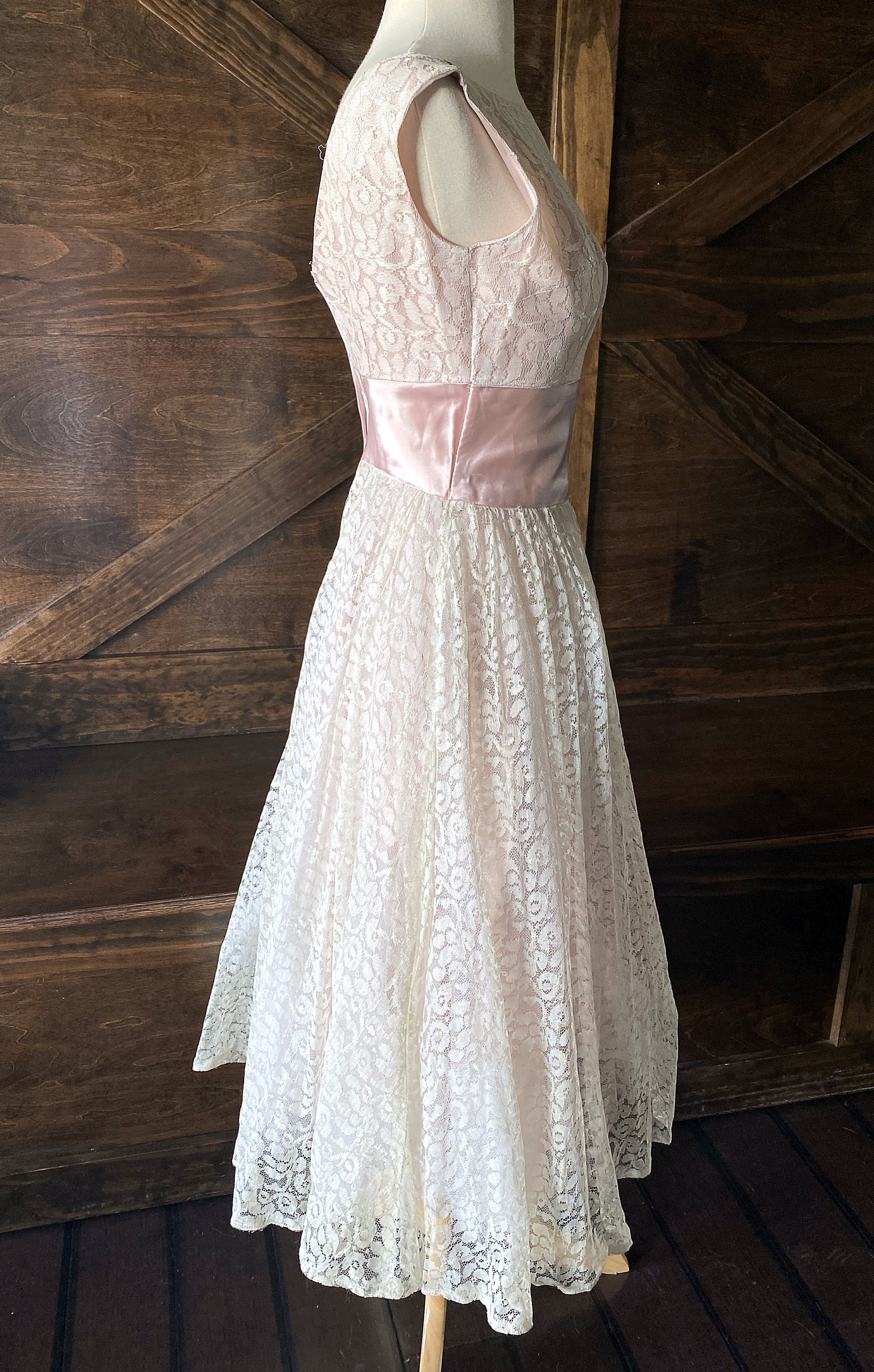 Vintage 1950s Lace Overlay Dress: Pink Satin, Fit & Flare, Tea Length (Xs-S)