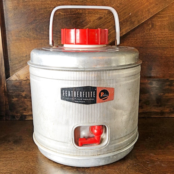 Vintage 1950's Poloron cooler, aluminum, insulated beverage container, Featherflite Vacucel, Made in the USA, picnic jug