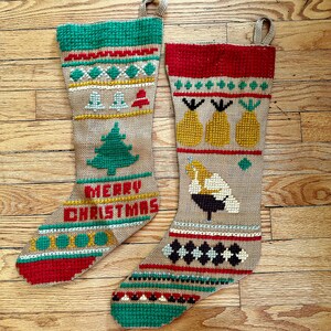 Vintage Burlap Christmas Stockings: Cross Stitch Tree & Partridge Set