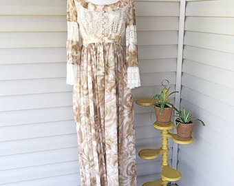 1970s Prairie Maxi Dress | Lace Bodice Floral Gown, Angel Sleeves