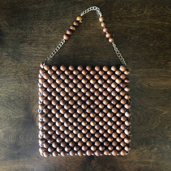 Vintage bead handbag, wood beaded purse, 1960's s… - image 2