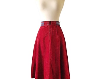 1970s Velvet A-Line Skirt: Burgundy High Waist Boho, Size Small