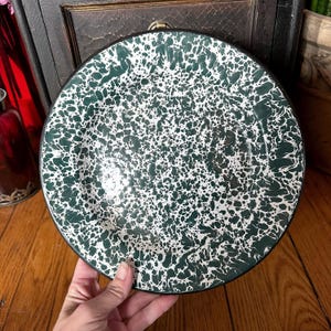 Vintage Green Splatterware Enamel Plate - 10 inch Farmhouse Decor