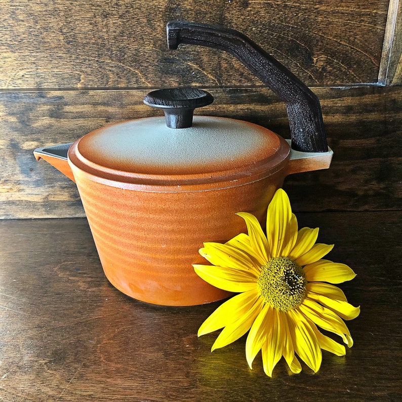 boho home decor metal teapot mid century modern tea kettle cast aluminum Vintage tea kettle ombre burnt orange