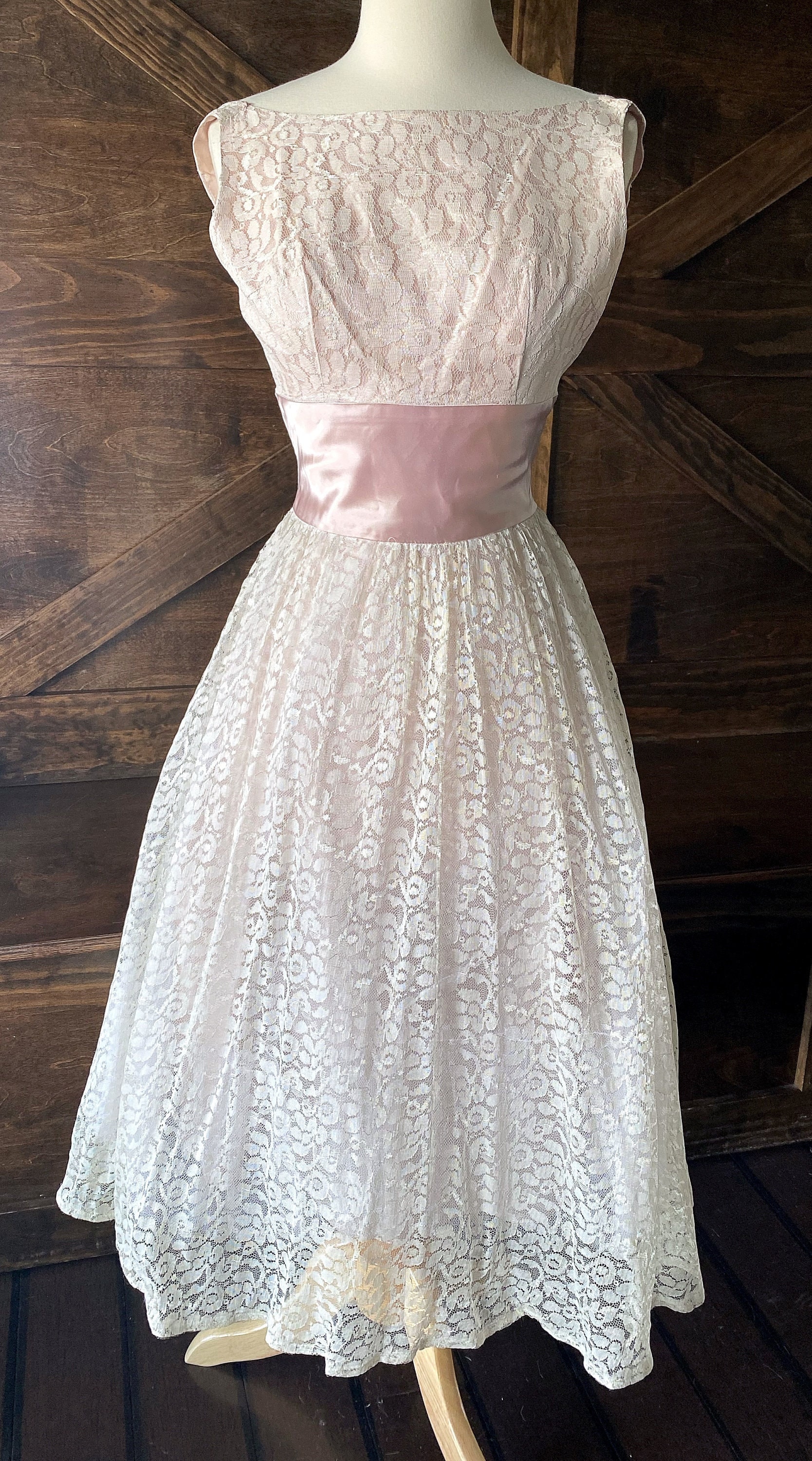 50s ribbon tie dip hem flare lace dress Magdalene Dress-White Lace Regular / XXS / White main image 0