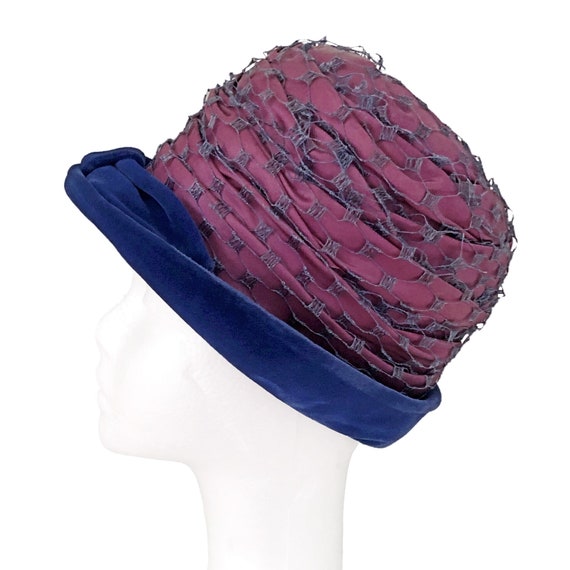 Vintage hat, brimmed cloche, purple with blue vel… - image 1
