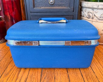 Vintage Samsonite Train Case | Blue Hard Shell Makeup Box, Mirror
