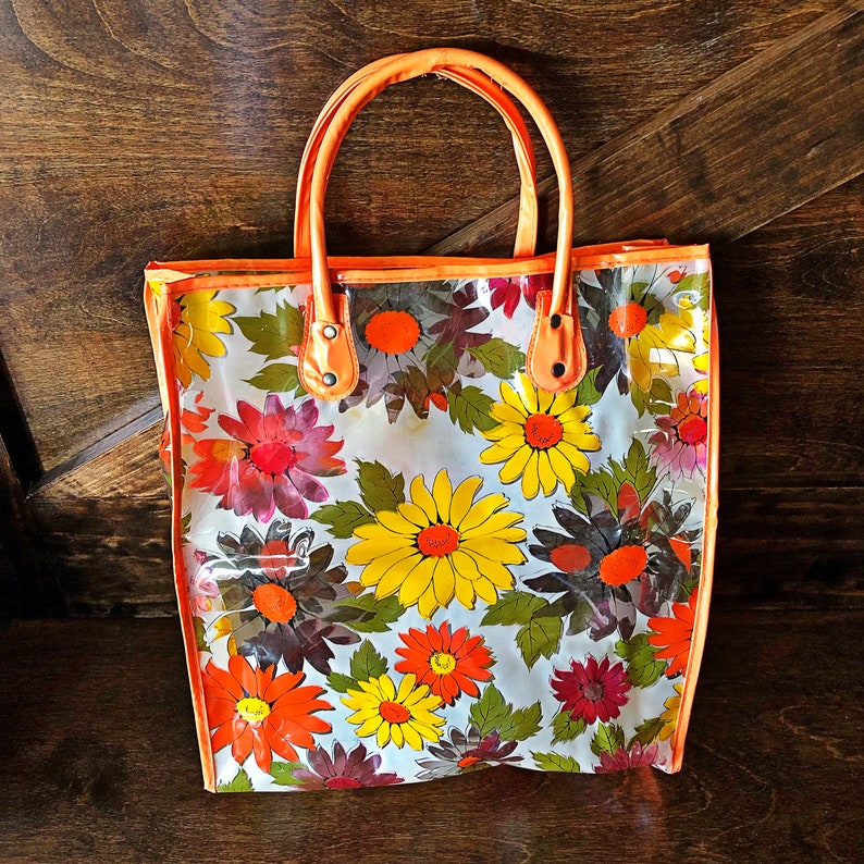 boho market bag and purple daisies Vintage floral vinyl shopping bag 1960/'s accessory flower power hippie tote bag yellow orange