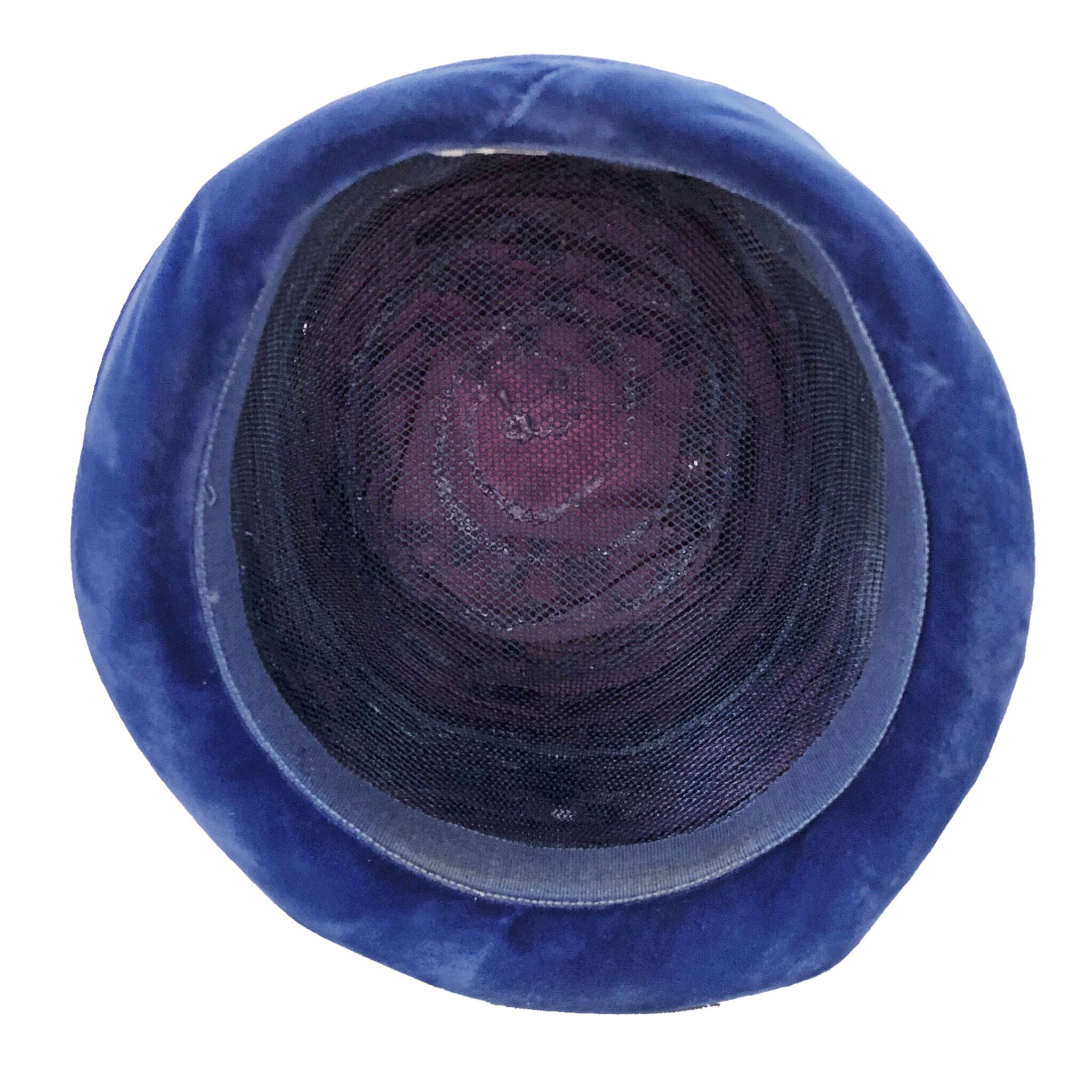 Vintage 1960s Purple Velveteen Hat Pleated Brim Cloche Style Purple velour felt cloche hat with handmade ribbon cockades main image 4