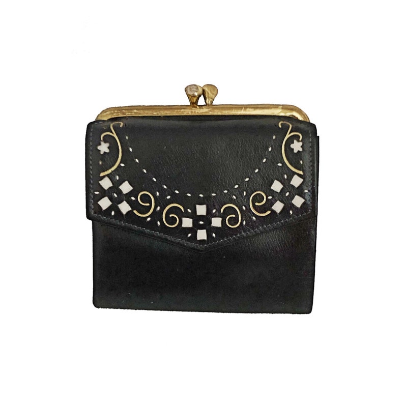 Vintage Leather Wallet Navy Blue With Gold and White Etsy