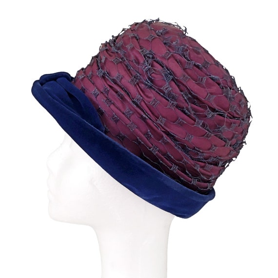Vintage hat, brimmed cloche, purple with blue vel… - image 4