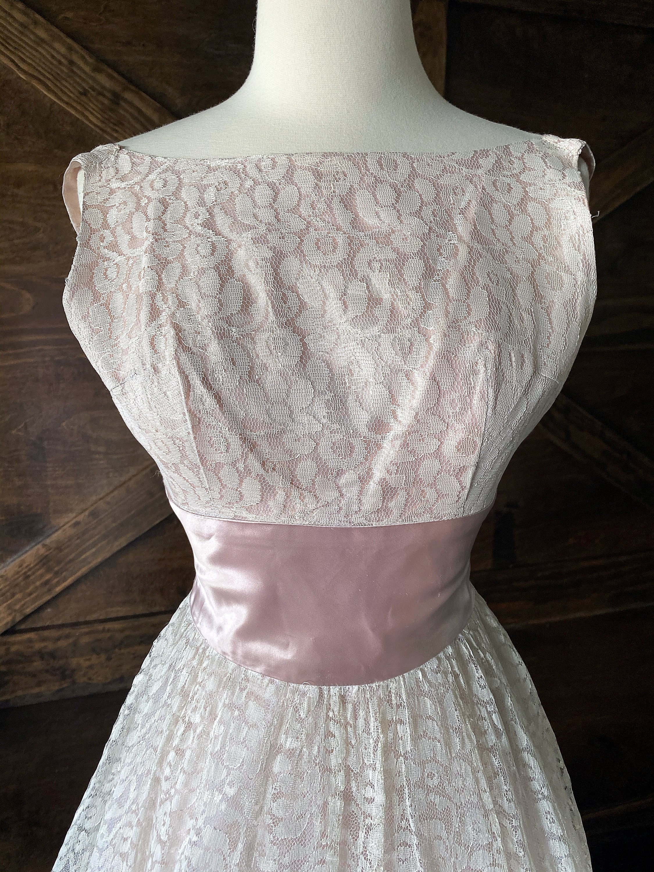 Vintage 1950s Lace Overlay Dress: Pink Satin, Fit & Flare, Tea Length (Xs-S)