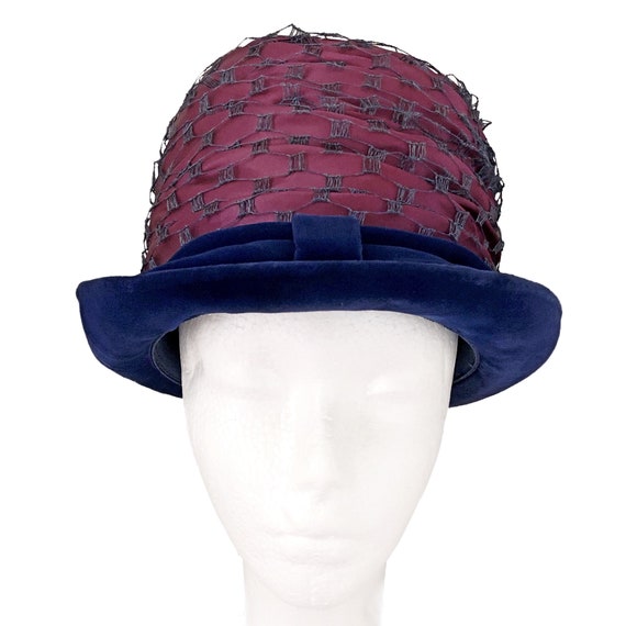 Vintage hat, brimmed cloche, purple with blue vel… - image 2
