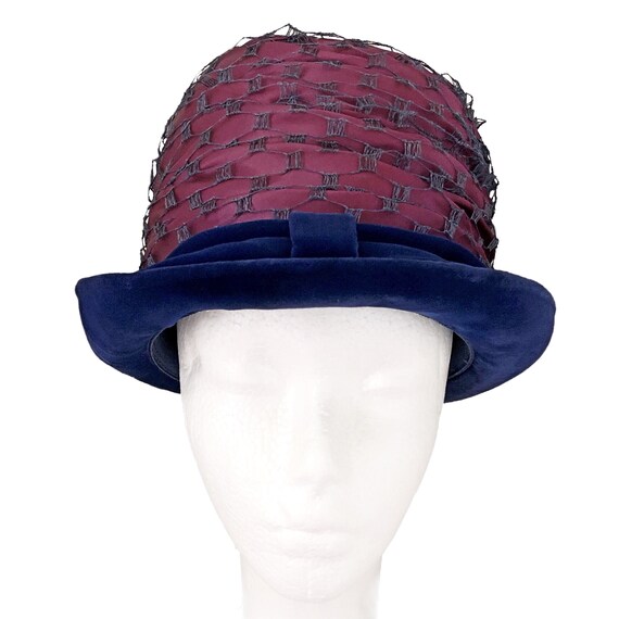 Vintage 1960s Purple Velveteen Hat Pleated Brim Cloche Style Vintage Purple Cloche Hat: Blue Velvet Brim, 1960s Church  main image 2