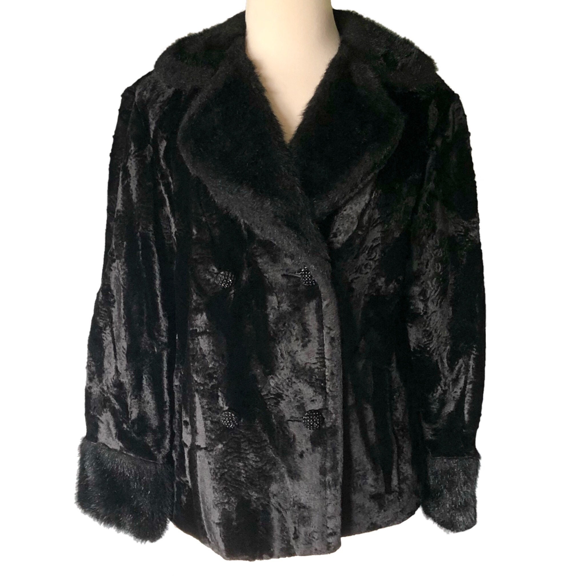 Vintage Black Fur Coat Black Faceted Buttons 1950's Crop | Etsy