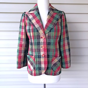 Vintage 1970s Plaid Wool Knit Blazer: Green, Orange, Beige - Size Small