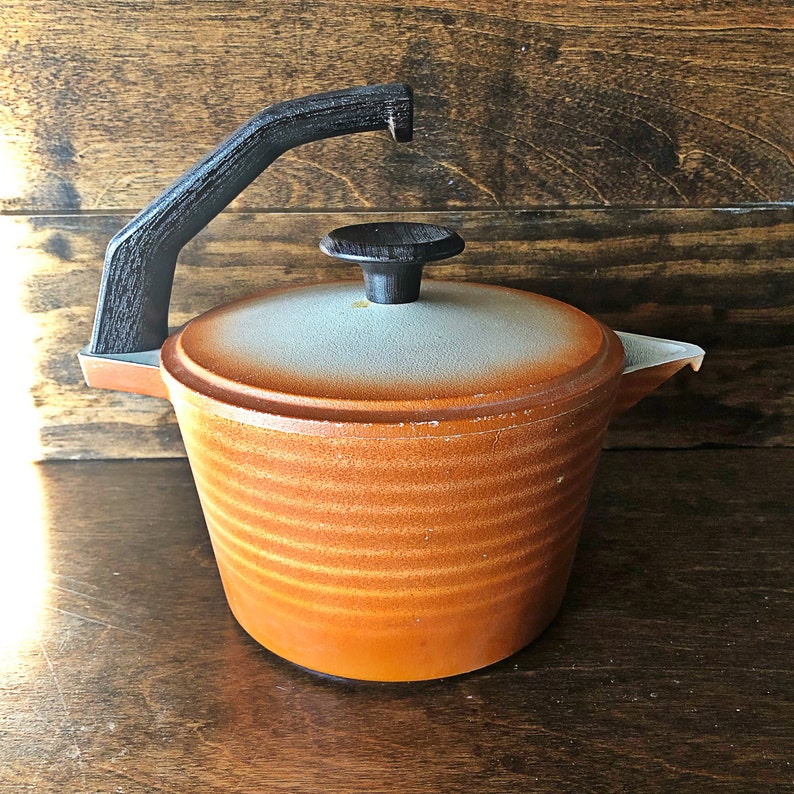 boho home decor metal teapot mid century modern tea kettle cast aluminum Vintage tea kettle ombre burnt orange