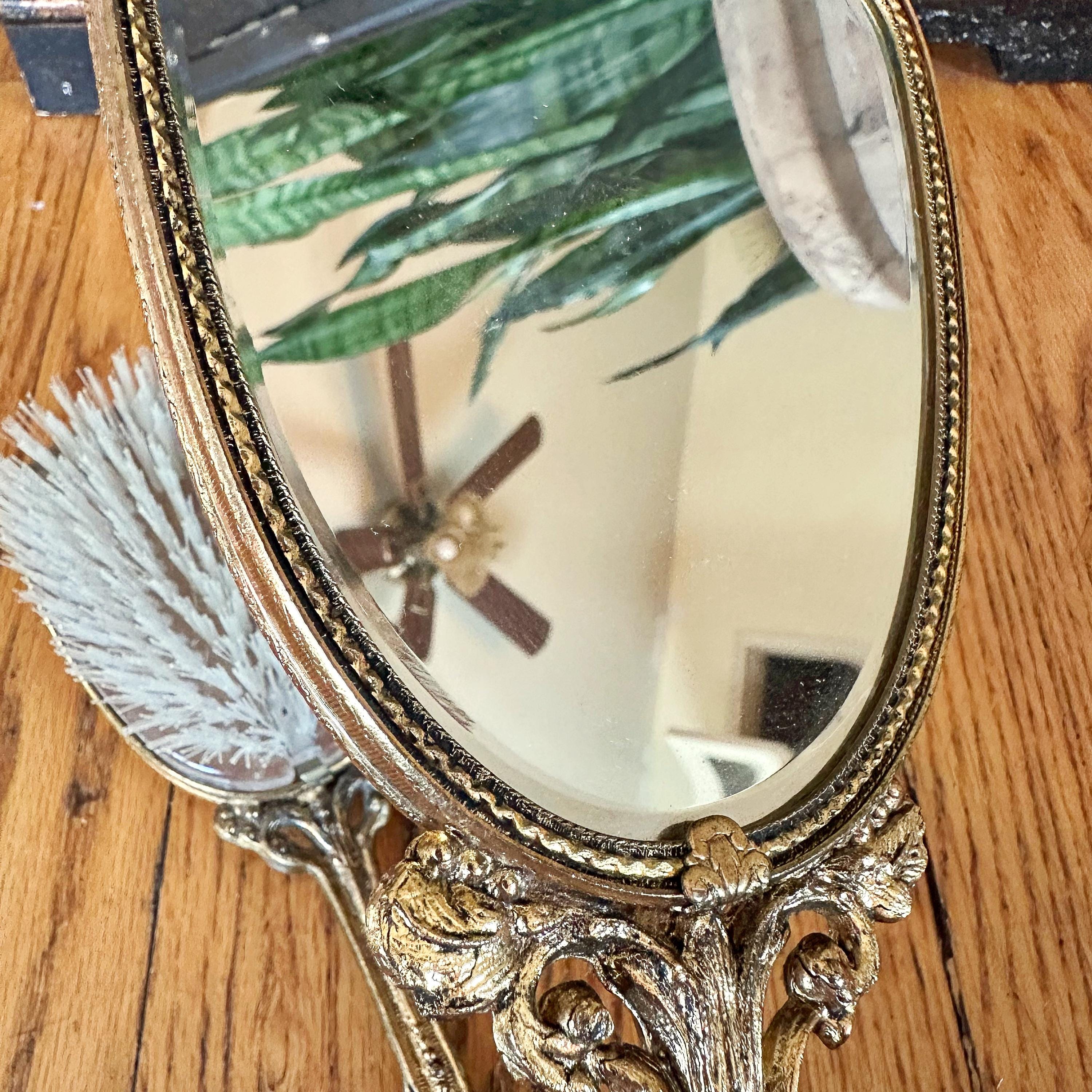 Vintage Gold Tone Vanity Set – Beveled Hand Mirror & Hair Brush