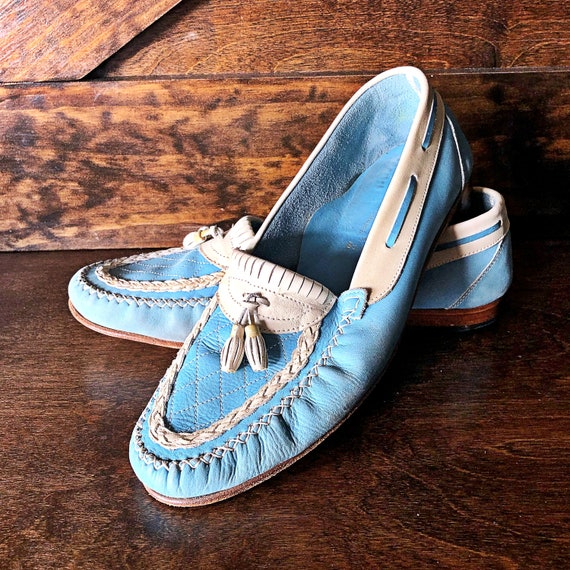 Vintage men's shoes, tassel loafers, light blue an