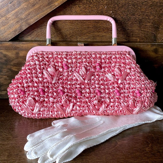 Vintage pink rattan purse, 1950's handbag, vintage