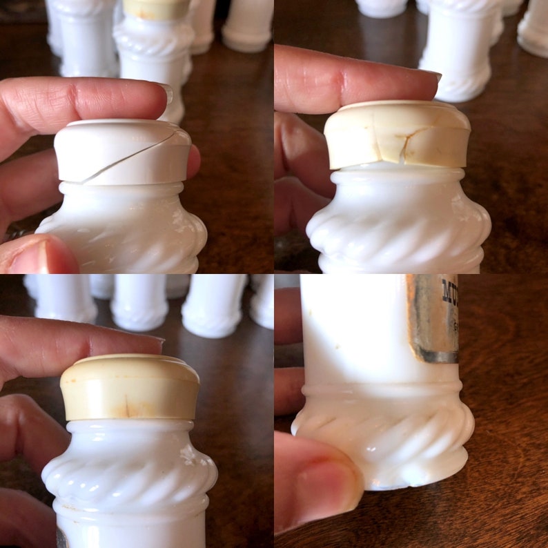 May include: A set of white milk glass bottles with twisted designs and cork tops. The bottles are vintage and have a label on one of them that reads "Milk of Magnesia".