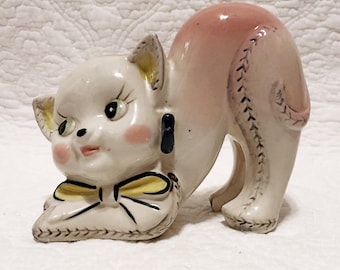 Vintage pink kitty cat, ceramic figurine, 1960's retro, pink kitty figure, kitten,