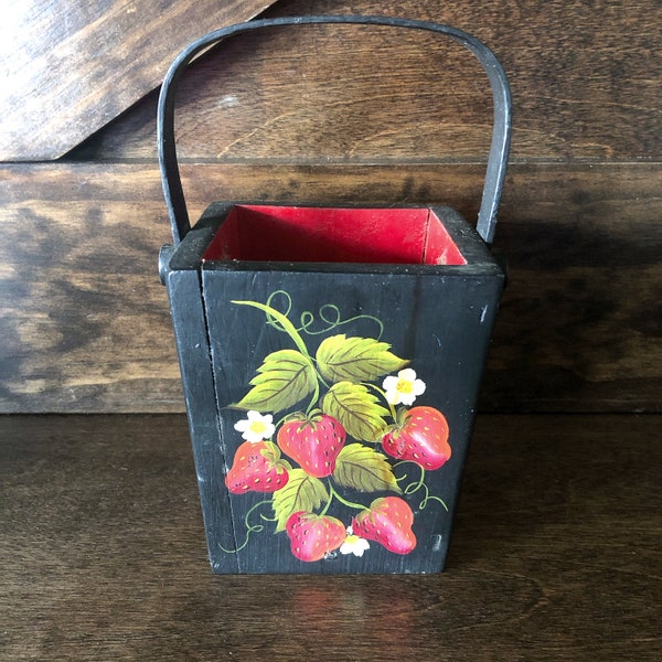 Vintage wood basket, hand painted strawberries, small planter, storage and decor, farmhouse, rustic