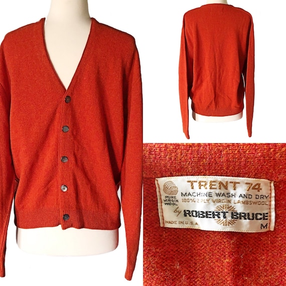 Vintage men's wool cardigan, orange sweater, 100%
