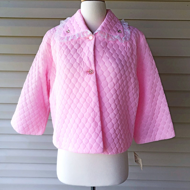 Vintage bed jacket pink quilted NOS lace trim with Etsy