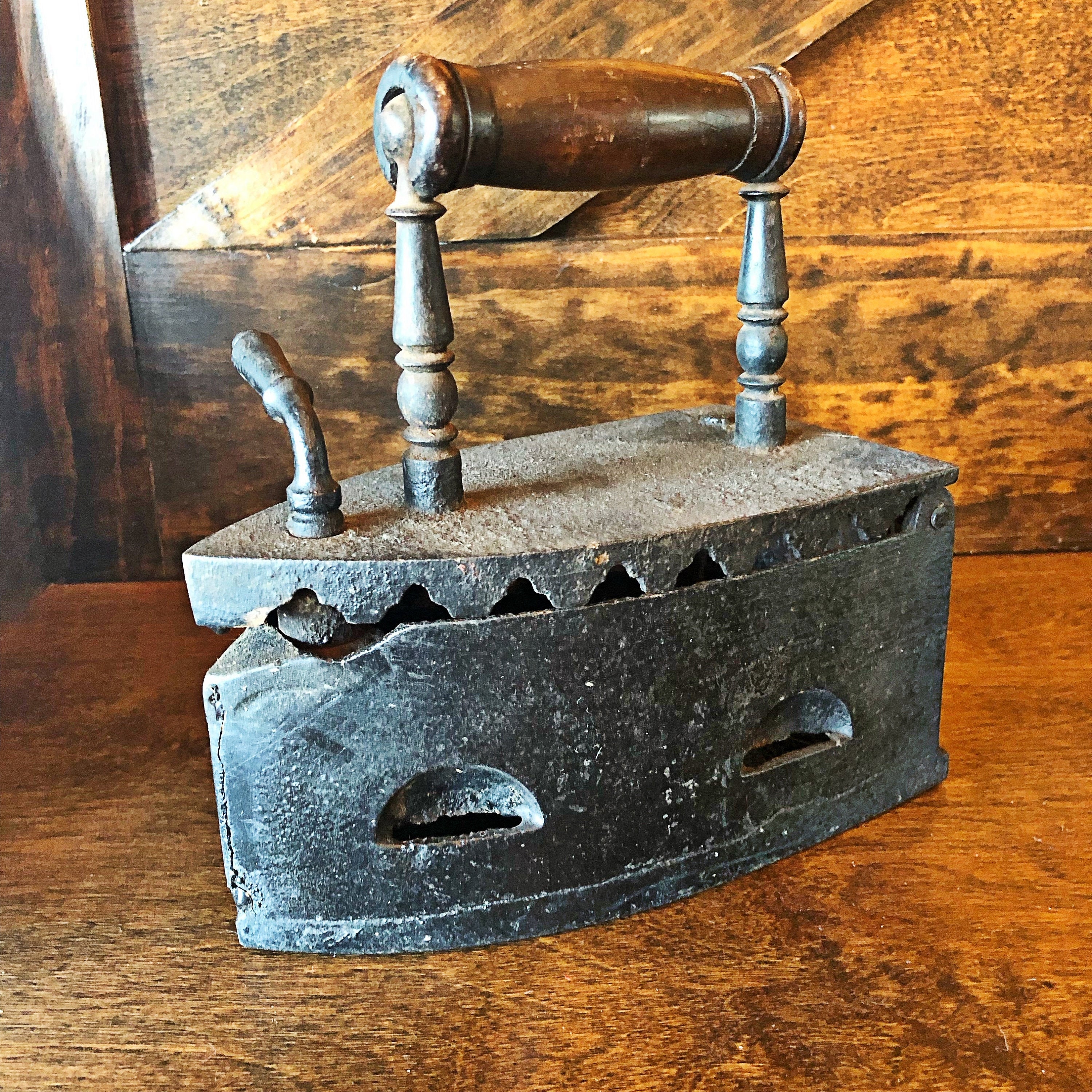 Antique Coal Iron: Cast Metal Ironing Box, Primitive Farmhouse