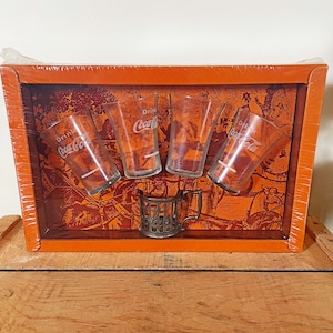 Vintage 1974 Coca-Cola Glass Set with Pewter Holder