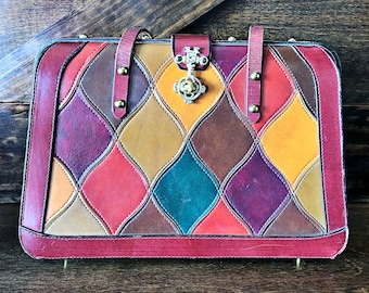 Vintage Multi-Color Leather Handbag: Large Boho Purse