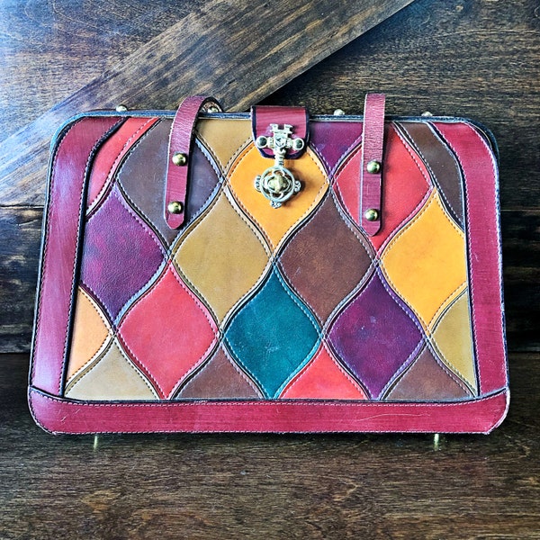 Vintage leather handbag, purse, multi color leather, large boho purse, vintage accessories